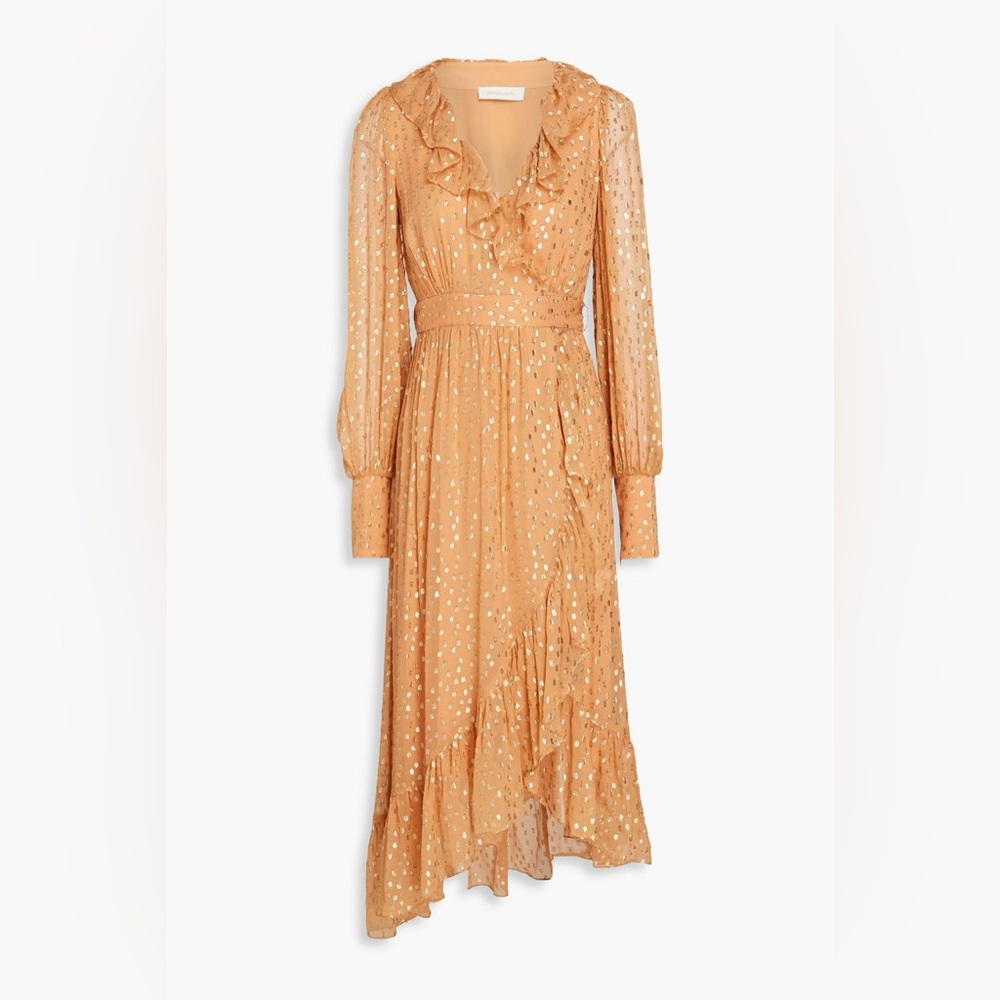 New without tags ZIMMERMANN Ruffled metallic fil coupé georgette midi wrap dress